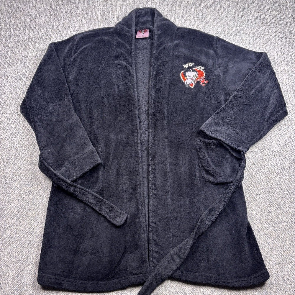 VTG Betty Boop Embroidered Patch Black Fleece Bathrobe Women's - Picture 1 of 7